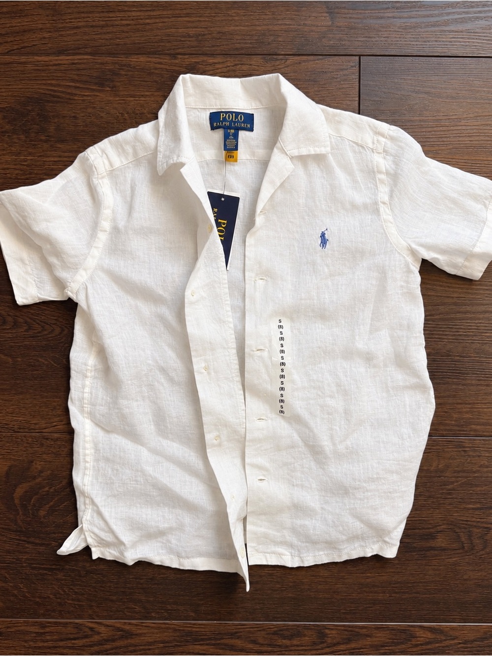 Polo by Ralph Lauren White Short-Sleeve Linen Button-Down with Blue Pony Sz 8